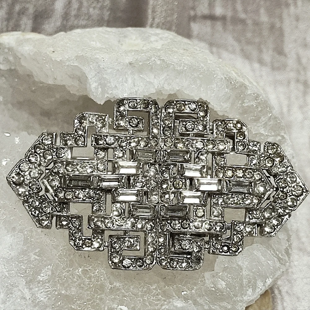 Duette Large Silver Tone Vintage Brooch Paste Stones Rhinestones 1940's *FLAWED*